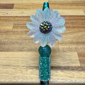 Sparkling Flower Beaded Pen with Green Accents